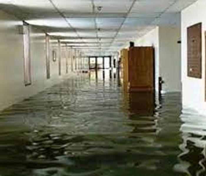 a flooded office hallway